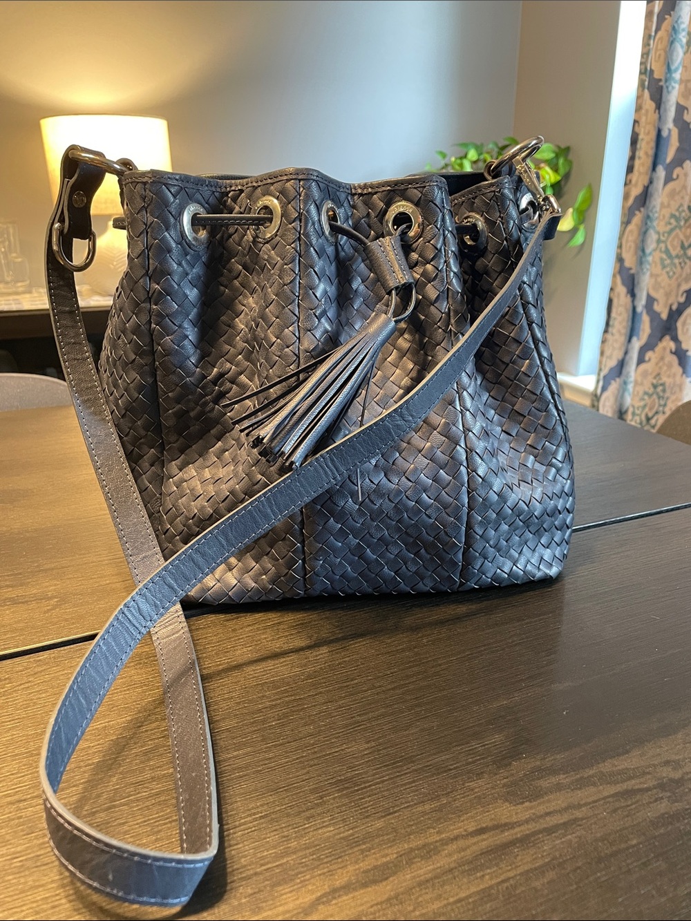 Woven Leather Bucket Bag with Tassel - Navy